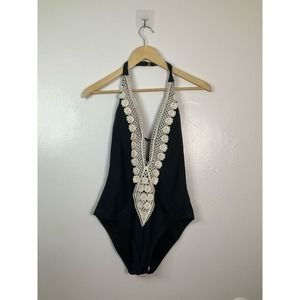NWOT Size Small Kona Sol Black With White Lace One Piece Swim Suit